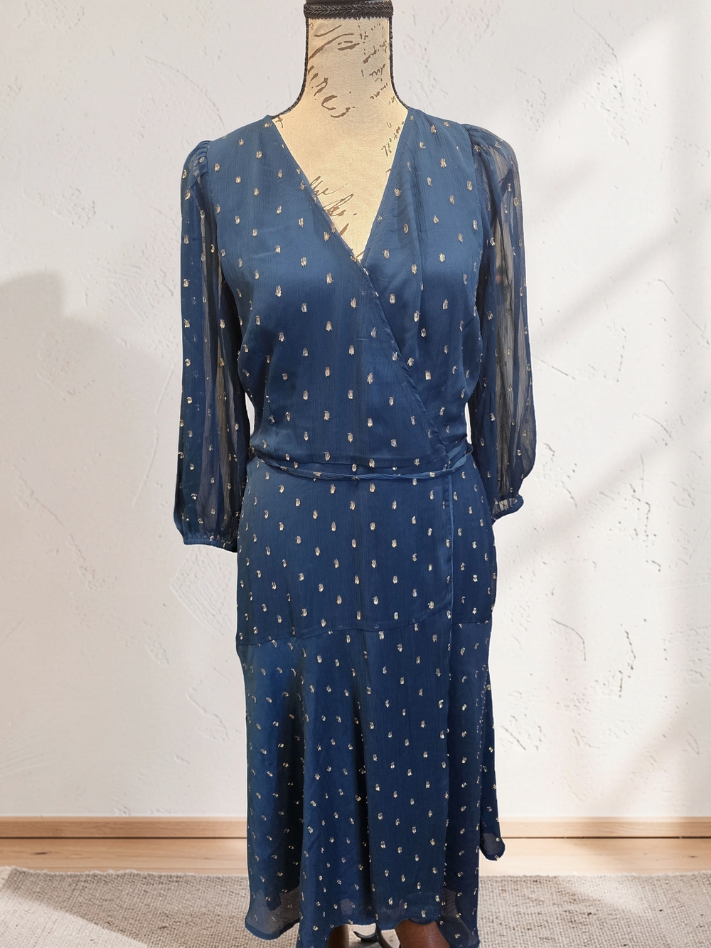 Ann Taylor Navy Wrap Midi Dress with Metallic Dot Print